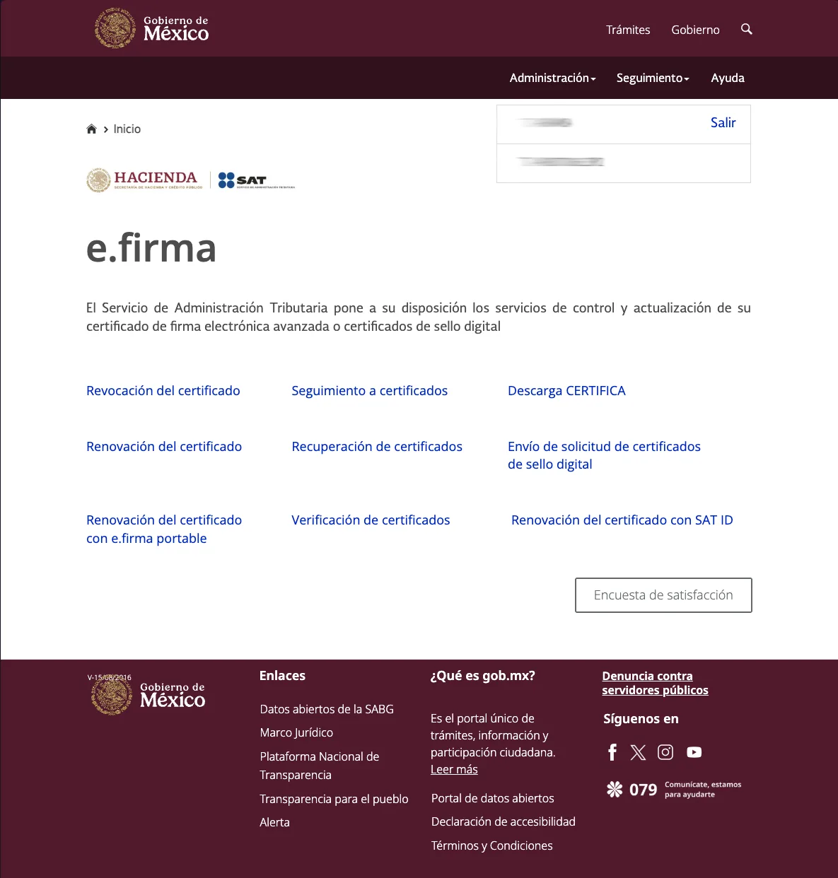 Pantalla principal de Certisat en el portal del SAT