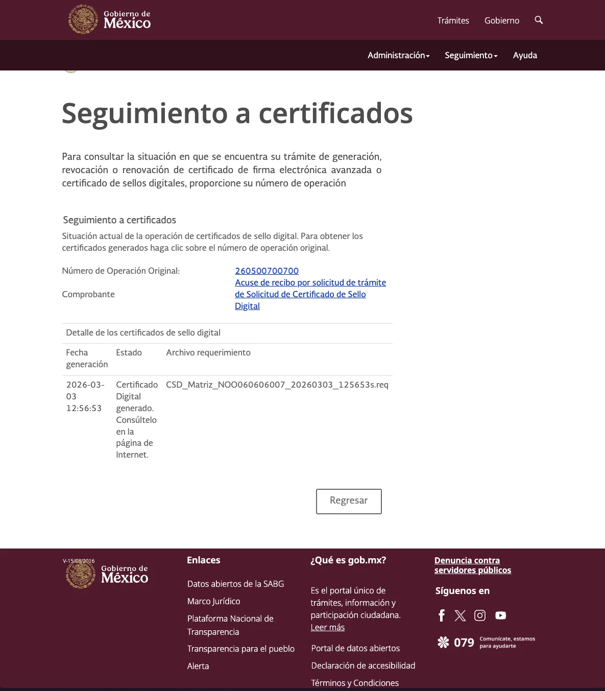 Pantalla de seguimiento de solicitud en Certisat
