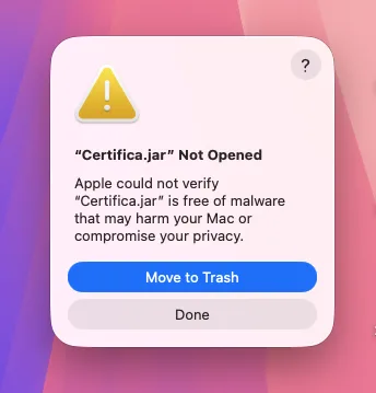 Advertencia de seguridad de macOS al abrir Certifica.jar