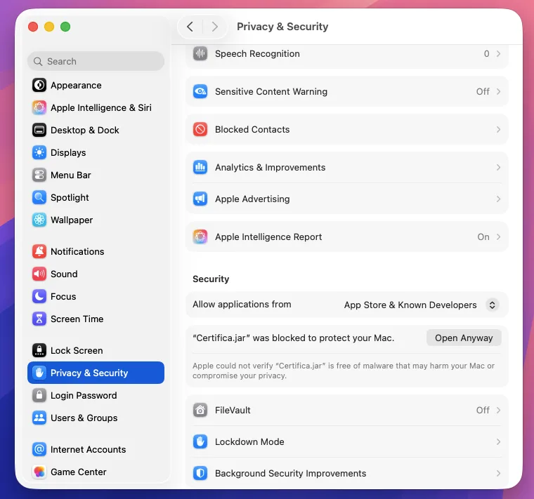 Configuración de Privacidad y Seguridad en macOS para permitir Certifica
